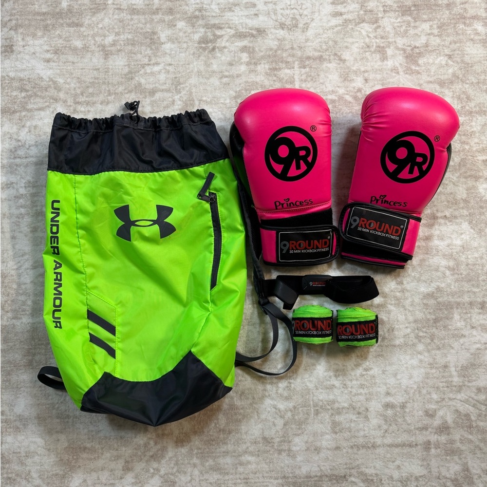 9Round Boxing Gloves Pink Set Hand Wraps Belt UA Backpack Bundle LOT